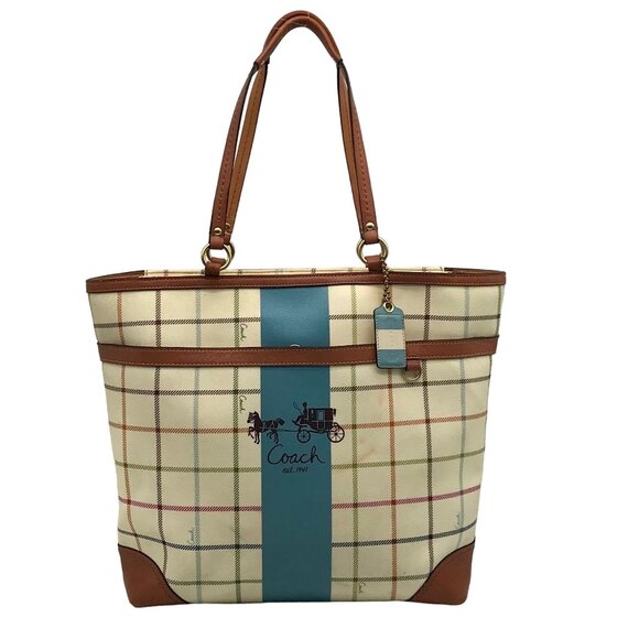 Coach Heritage Blue Stripe Tattersall Coated Canvas Tote 12557 - Picture 1 of 12